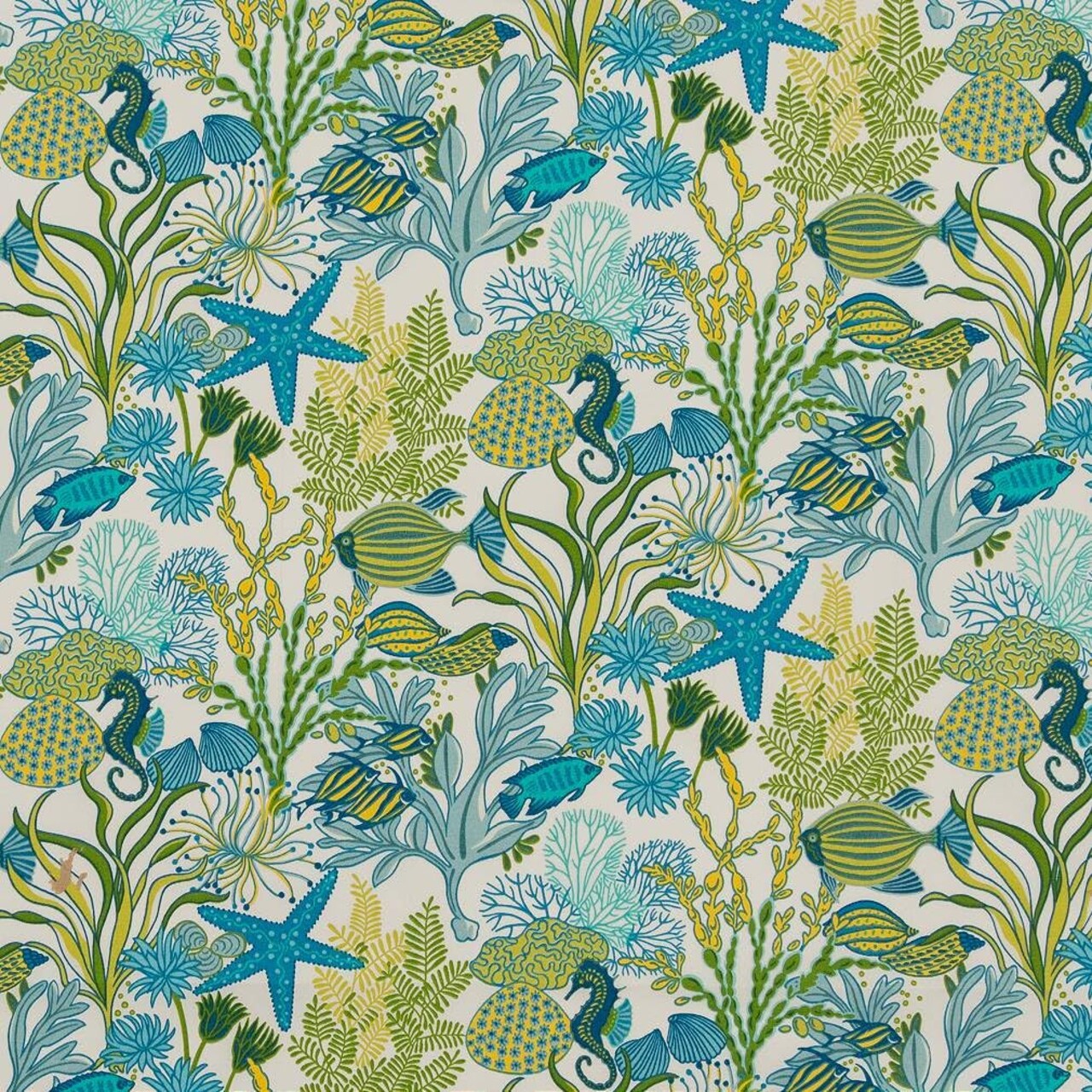 Aqua Green Stain Resistant Performance Pet Friendly Botanical Print Upholstery Fabric by The Yard - SKU: Foster Atlantis